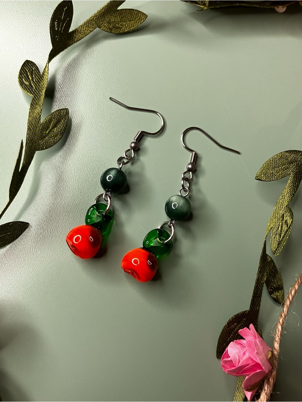 Fall Halloween Lampwork Glass Pumpkin Handmade Beaded Earrings - Orange & Green